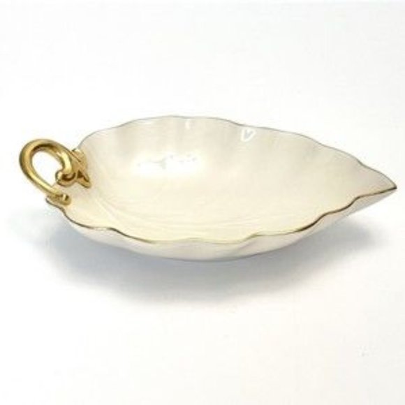 Vintage Lenox Leaf Shaped Candy Dish Fine China Cream And Gold Painted Rim USA - Picture 1 of 5